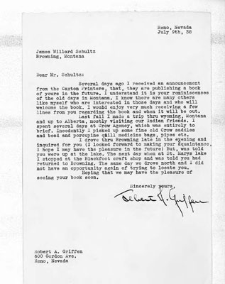 Letter to Mr. James Willard Schultz from Mr. Robert A. Griffin Inquiring Information on Schultz
