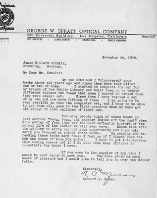 Letter by Leonard A. Manes to Mr. James Willard Schultz about the Authenticity of his Books
