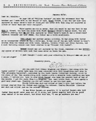 E. A. Brininstool - Letter to James Willard Schultz Concerning Mistakes Schultz Made in his Book