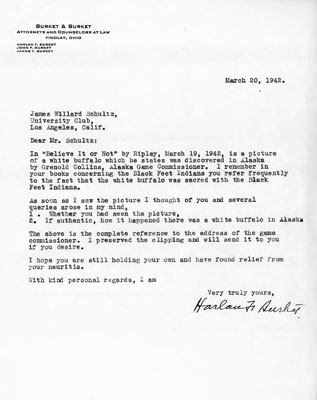 a letter from Harlan F. Burket to James W. Schultz addressing the White Buffalo found in Alaska, 1942