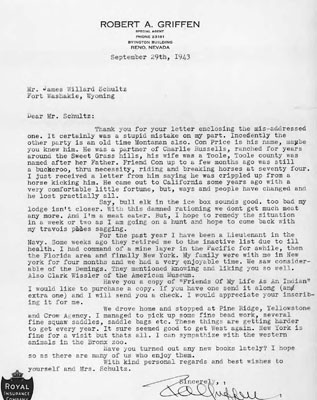Robert A. Griffen - Letter to James Willard Schultz