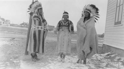 Photo of Mary Little Bull, Nora Spanish and Mary Little Plume, Browning, Montana