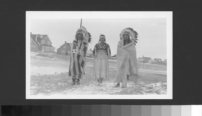 Photo of Mary Little Bull, Nora Spanish and Mary Little Plume in full dress, Browning, Montana