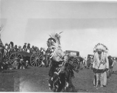 Black and white photo of Grass Dancers at the Sun Lodge Ceremonies in Browning, Montana, 1928