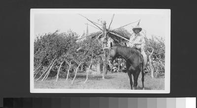 Black and white photo of a man on horseback in front of a tree branch structure, Belly River, Alberta