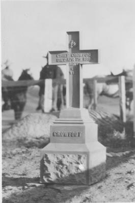 Black and white photo of Crowfoot's tombstone.
