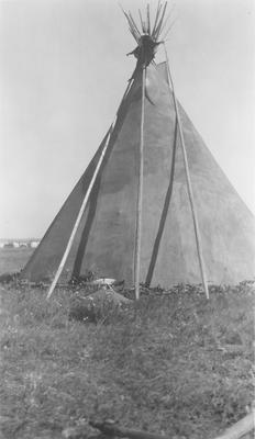 Black and white photo of the Sacred Sun Woman Lodge, Belly River, Alberta, 1927
