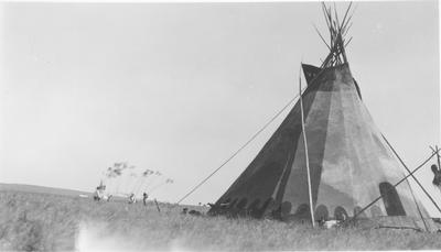 Black and white photo of a painted lodge, Belly Butte, Alberta, 1927