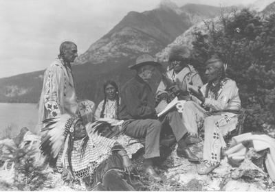 Black and white photo of James Willard Schultz and others, Waterton Lake, 1931