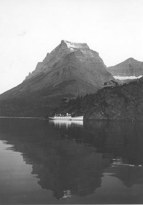 Black and white photo of a boat on Saint Mary