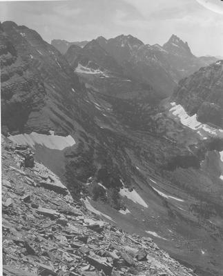 Black and white photo of Dawson Pass (Little Chief Pass), Glacier National Park, Montana