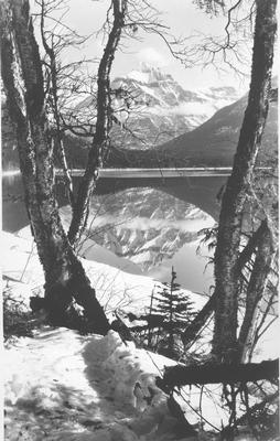 Black and white photo of Mt. Cannon and Lake McDonald, Glacier National Park, Montana