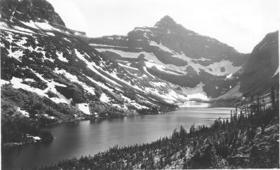 Black and white photo of Upper Two Medicine Lake in Glacier National Park, Montana