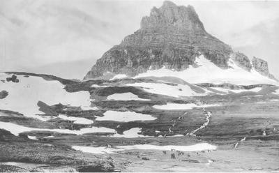 Black and white photo of Mt. Clements (Beaver Child Mountain) in Glacier National Park, Montana