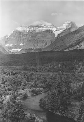 Black and white photo of Mt. Cleveland and The Belly River in Glacier National Park