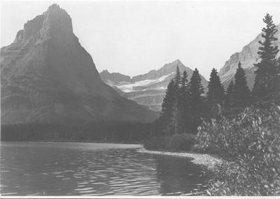 Black and white photo of Glenn Lake and Pyramid Peak in Glacier National Park