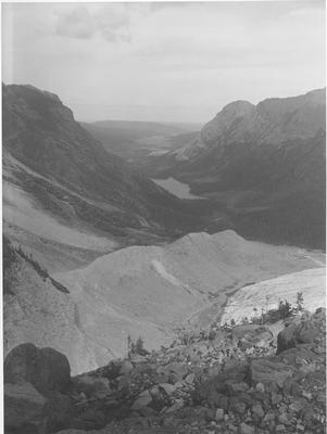 Black and white photo of an overlooking view of Glacier National Park