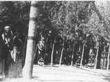 Photo of three people standing next to the center post, while the rest of the group stands along the tree line.