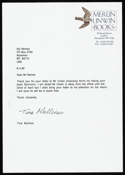 English Publisher Correspondence, 1995-1996