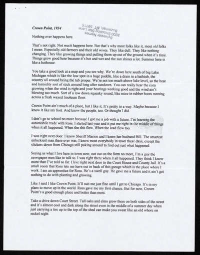 "Goodbye, Crown Point" - Manuscript Sample