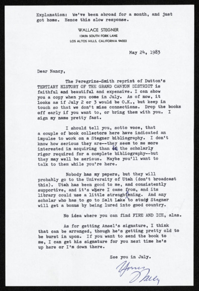 Letters from Wallace Stegner to Nancy Colberg, January 5, 1982 - December 9, 1990
