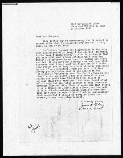 On a Darkling Plain: photocopies of business correspondence; October 13, 1948 - August 18, 1952.